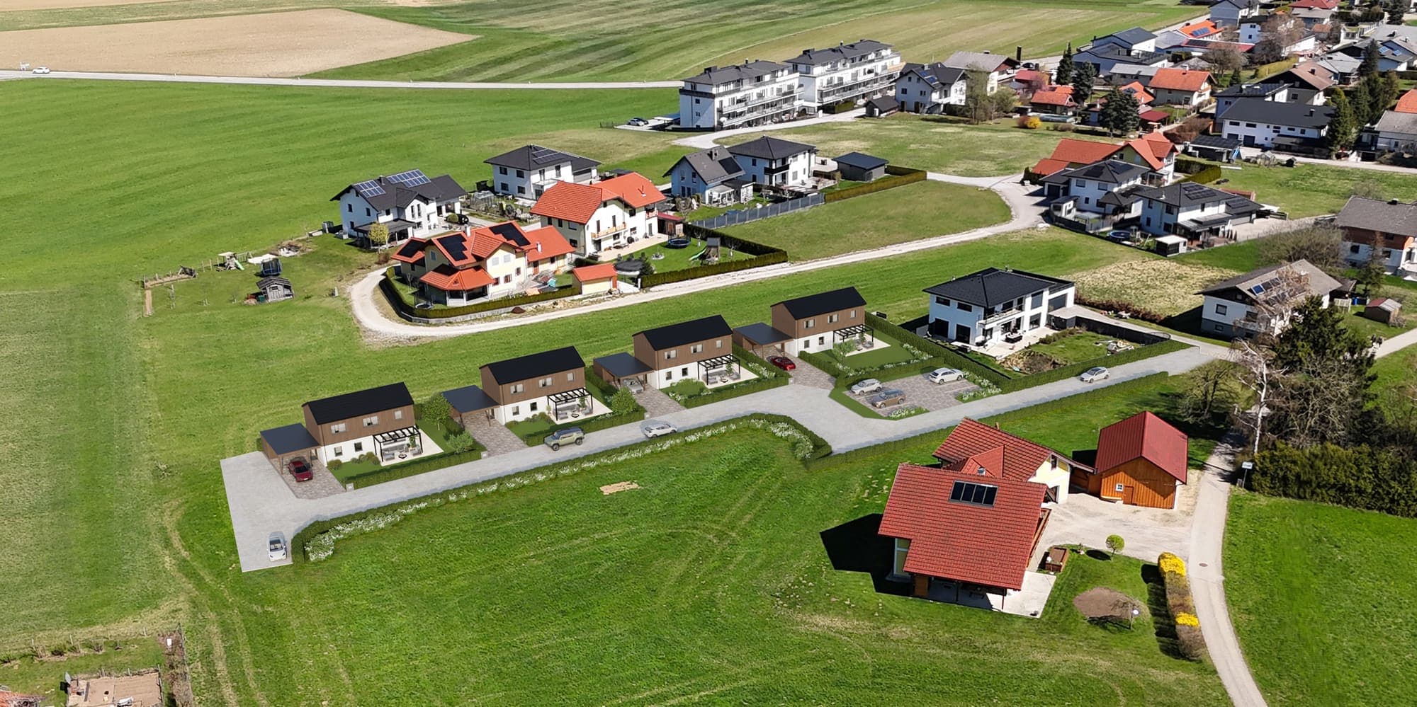 Luftbild der Lage in Gundertshausen, 5142 Eggelsberg – eingebettet in Wiesen und Natur